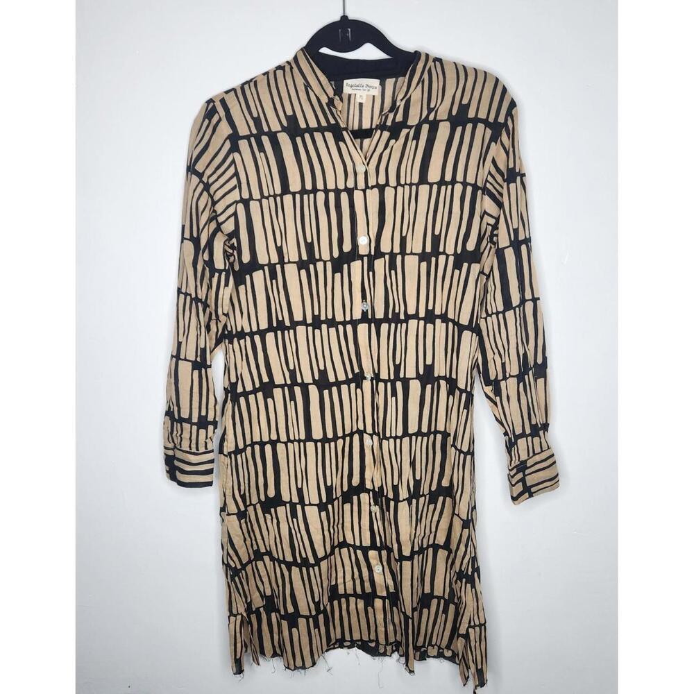 Bagatelle France Dress Womens Medium Black Tan Tunic Shirt Dress Sunwear Print